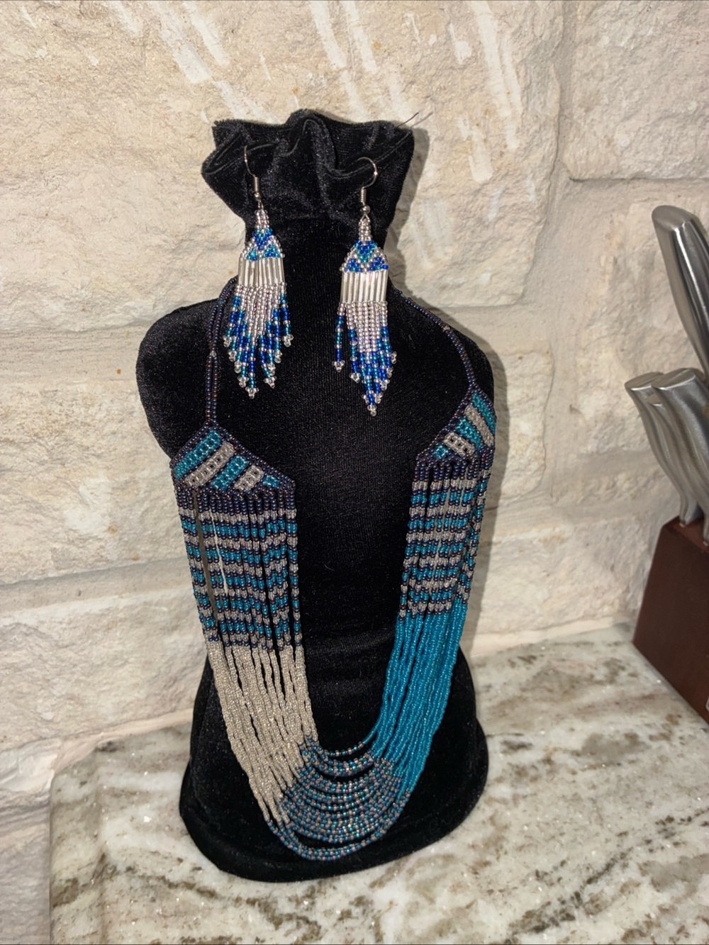 Handmade Teal & Silver Beaded Fringe Necklace wit Bracelet and Earrings Set